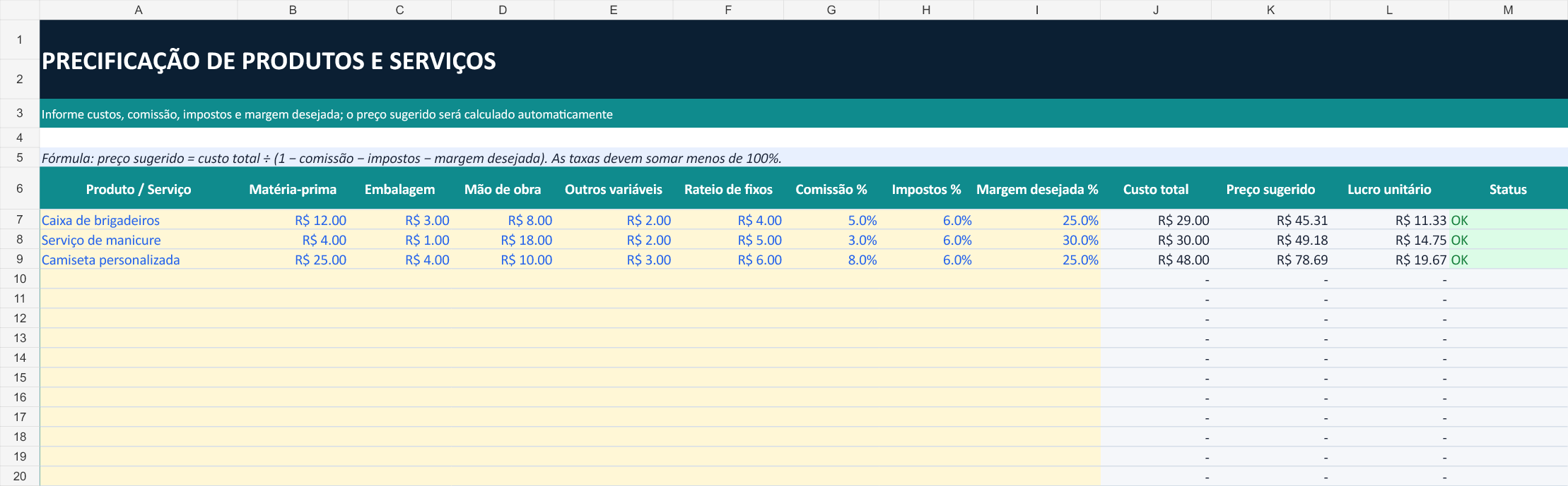 Calculadora de precificação do Kit Financeiro para MEI