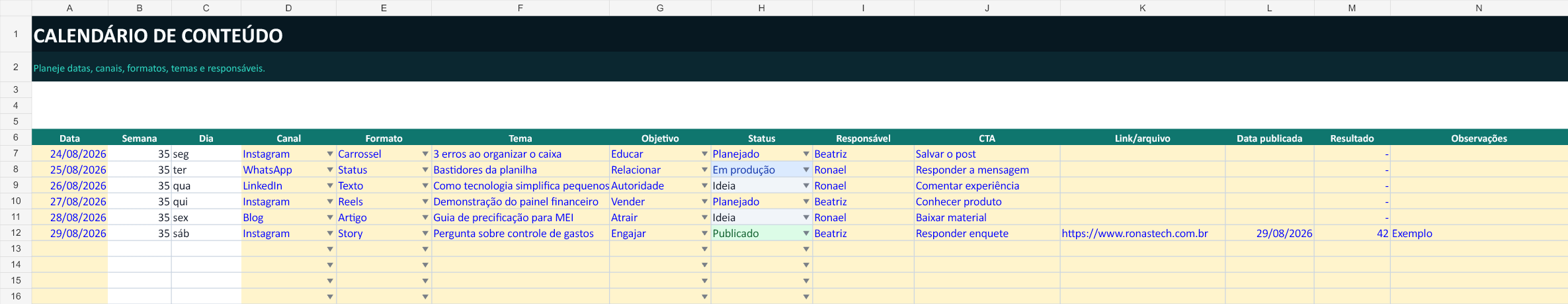 Calendário editorial com datas, canais e status