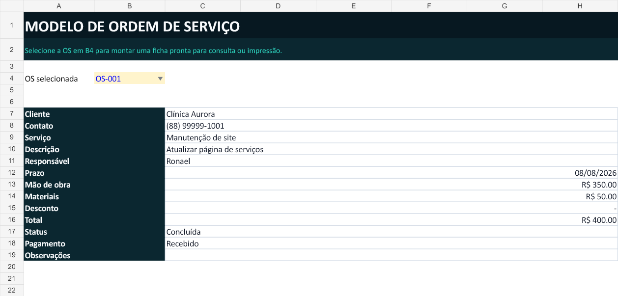 Ficha automática da ordem selecionada