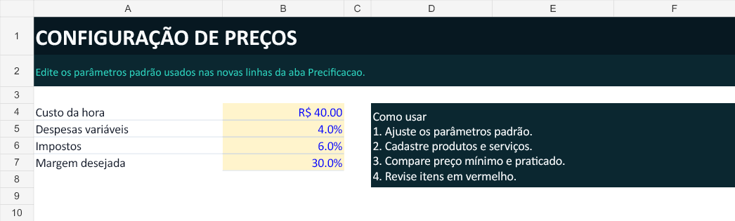 Configuração das taxas e parâmetros do negócio
