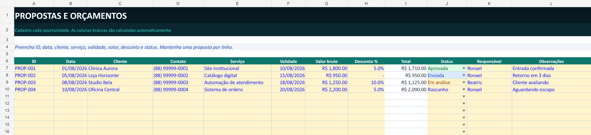 Cadastro de propostas, clientes, valores e status